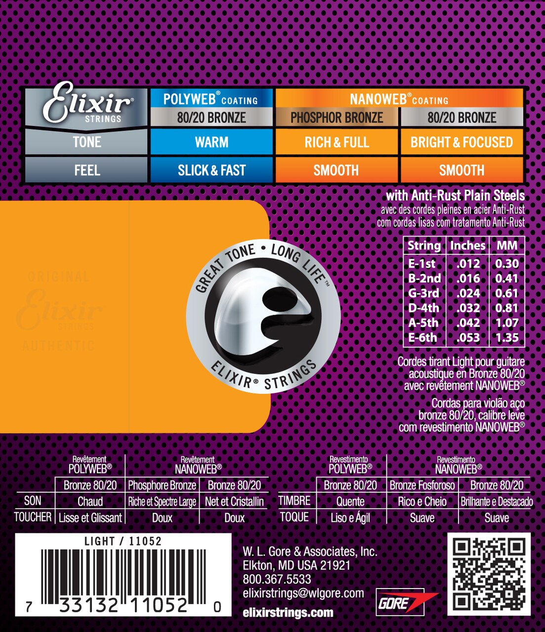 Elixir Strings 11052 Nanoweb 80/20 Acoustic Guitar Strings - .012-.053 Light 12 Pack