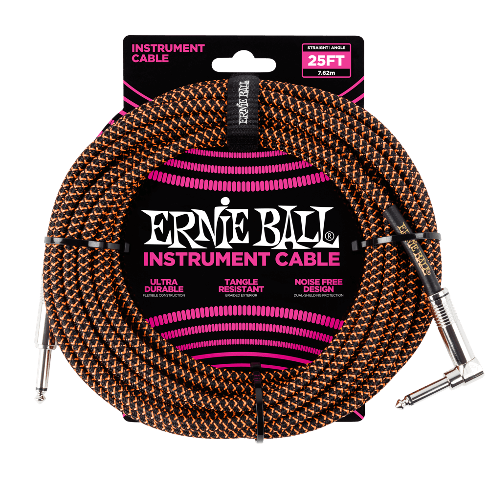 Ernie Ball 25ft Braided Straight Angle Inst Cable Black Orange