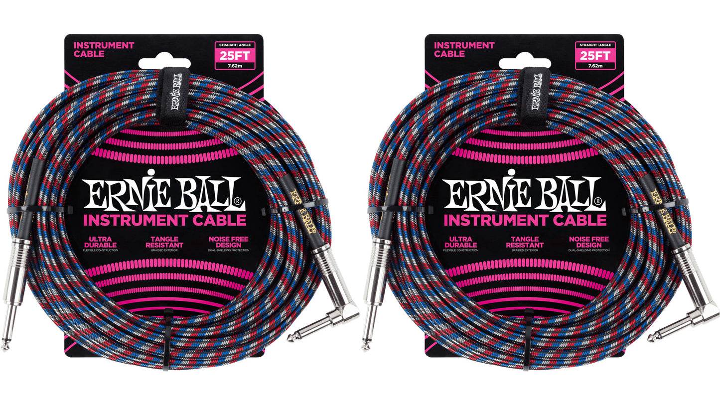 Ernie Ball 25ft Braided Straight Angle Inst Cable Black Red Blue White