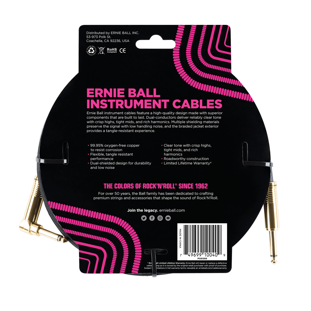 Ernie Ball 18ft Braided Straight Angle Inst Cable Black