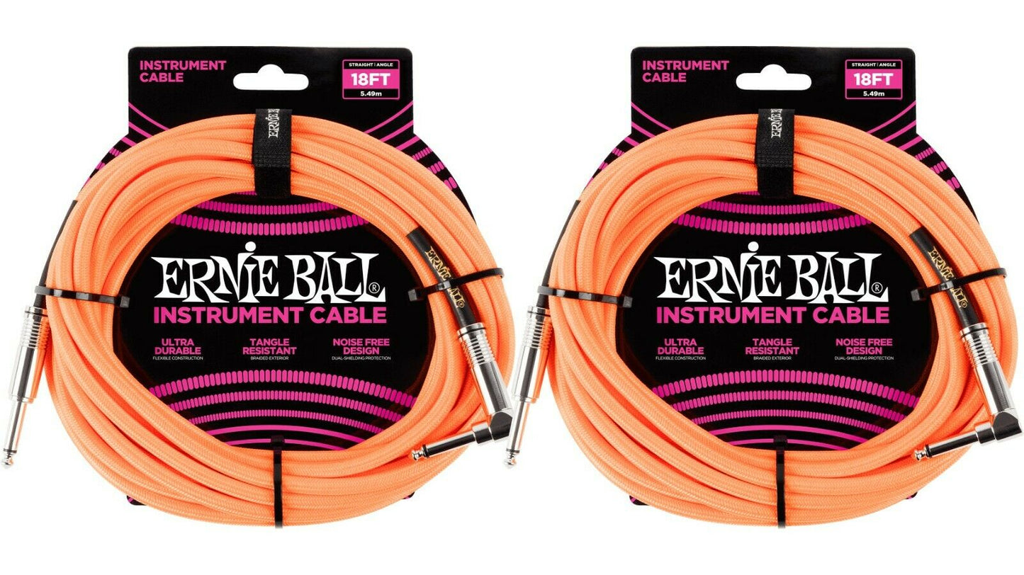 Ernie Ball 18ft Braided Straight Angle Inst Cable Neon Orange 2 Pack