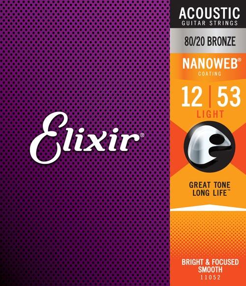 Elixir Strings 11052 Nanoweb 80/20 Acoustic Guitar Strings - .012-.053 Light 12 Pack