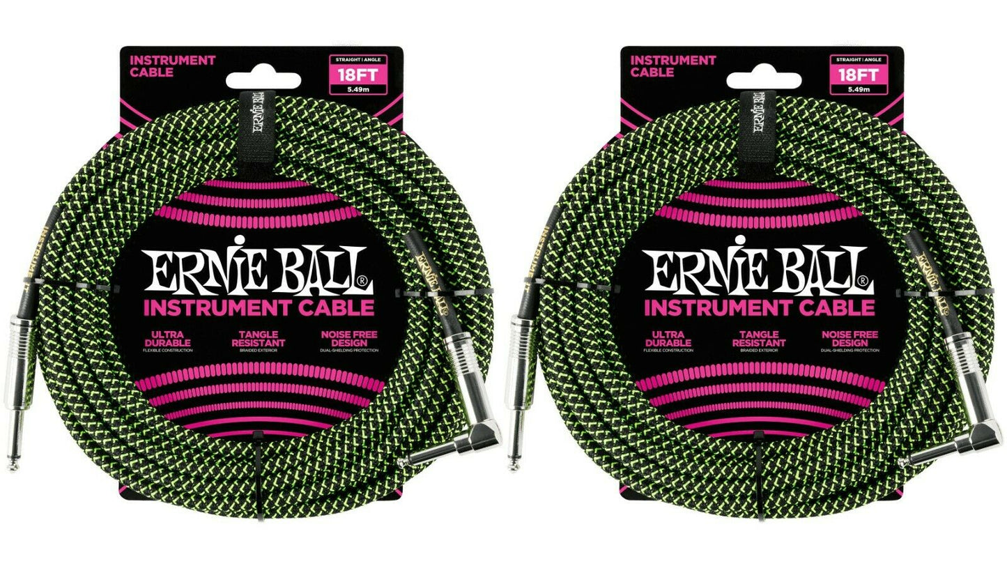 Ernie Ball 18ft Braided Straight Angle Inst Cable Blk/Grn 2 Pack