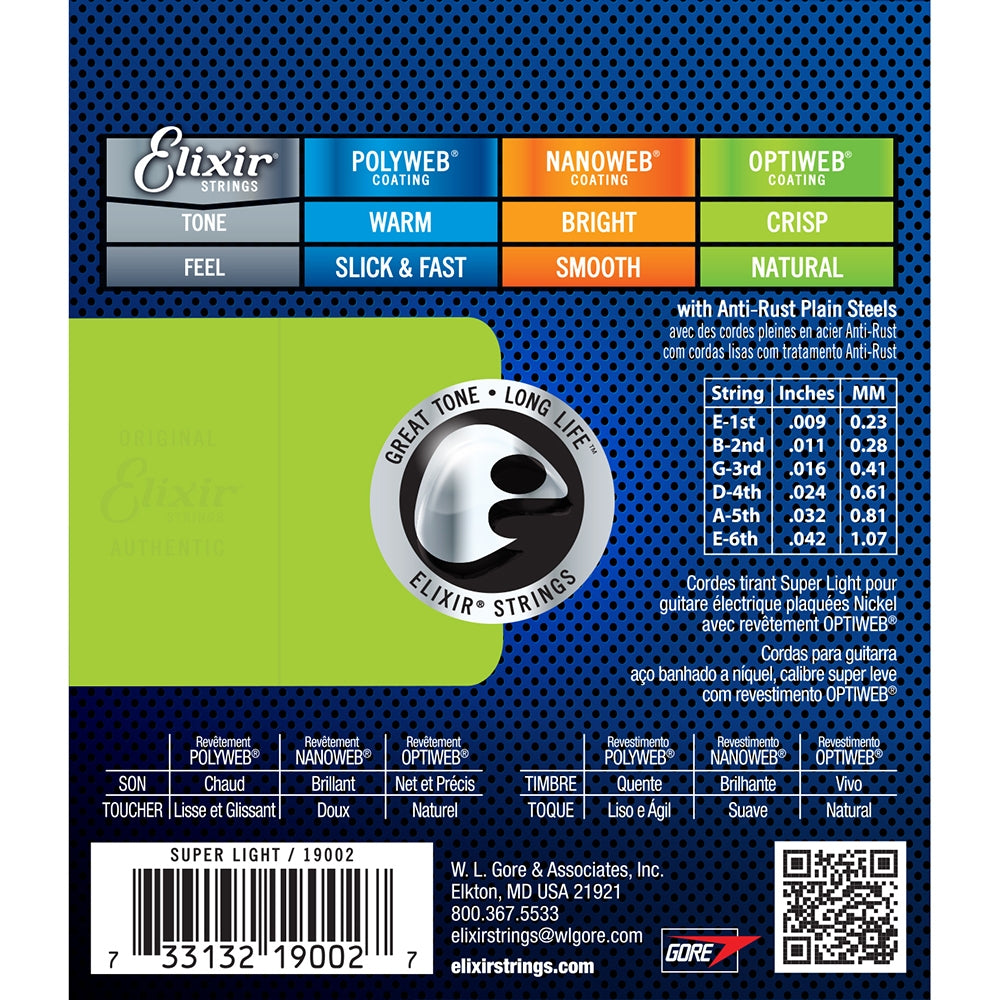 Elixir 19002 Nickel Plated Steel Electric Guitar Strings with OPTIWEB Coating, Super Light (9-42)