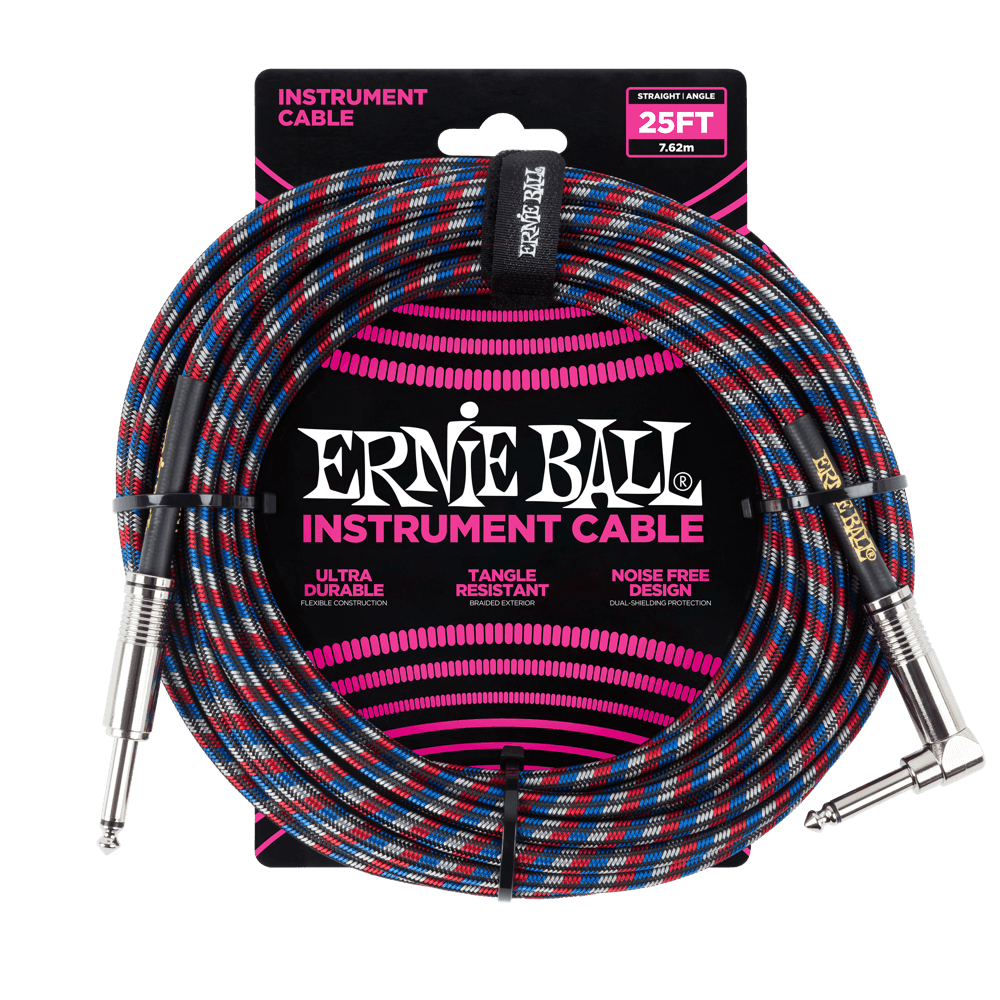 Ernie Ball 25ft Braided Straight Angle Inst Cable Black Red Blue White 2 Pack