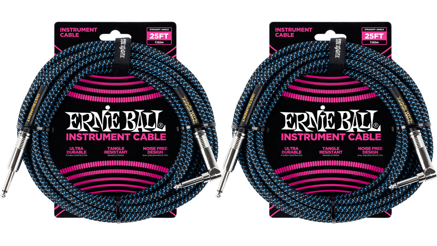 Ernie Ball 25ft Braided Straight Angle Inst Cable Black Blue