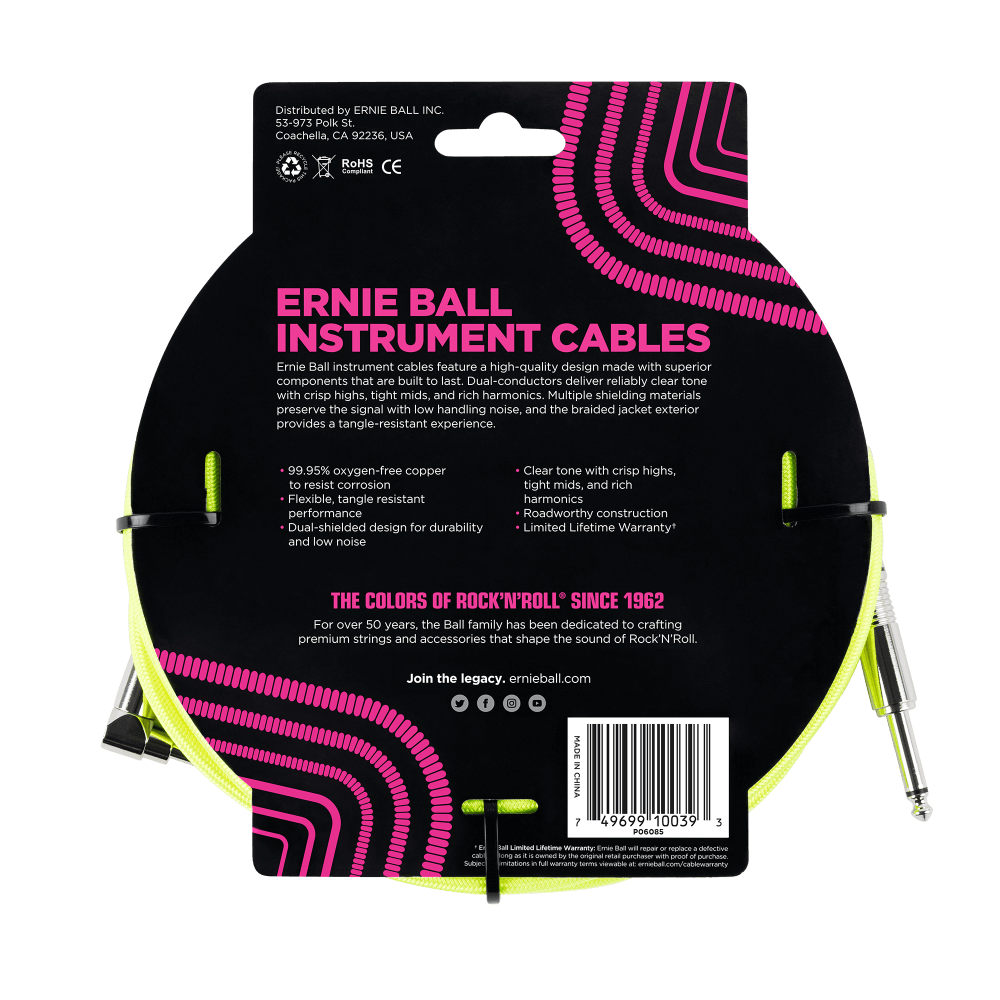 Ernie Ball 18ft Braided Straight Angle Inst Cable Neon Yellow 2 Pack