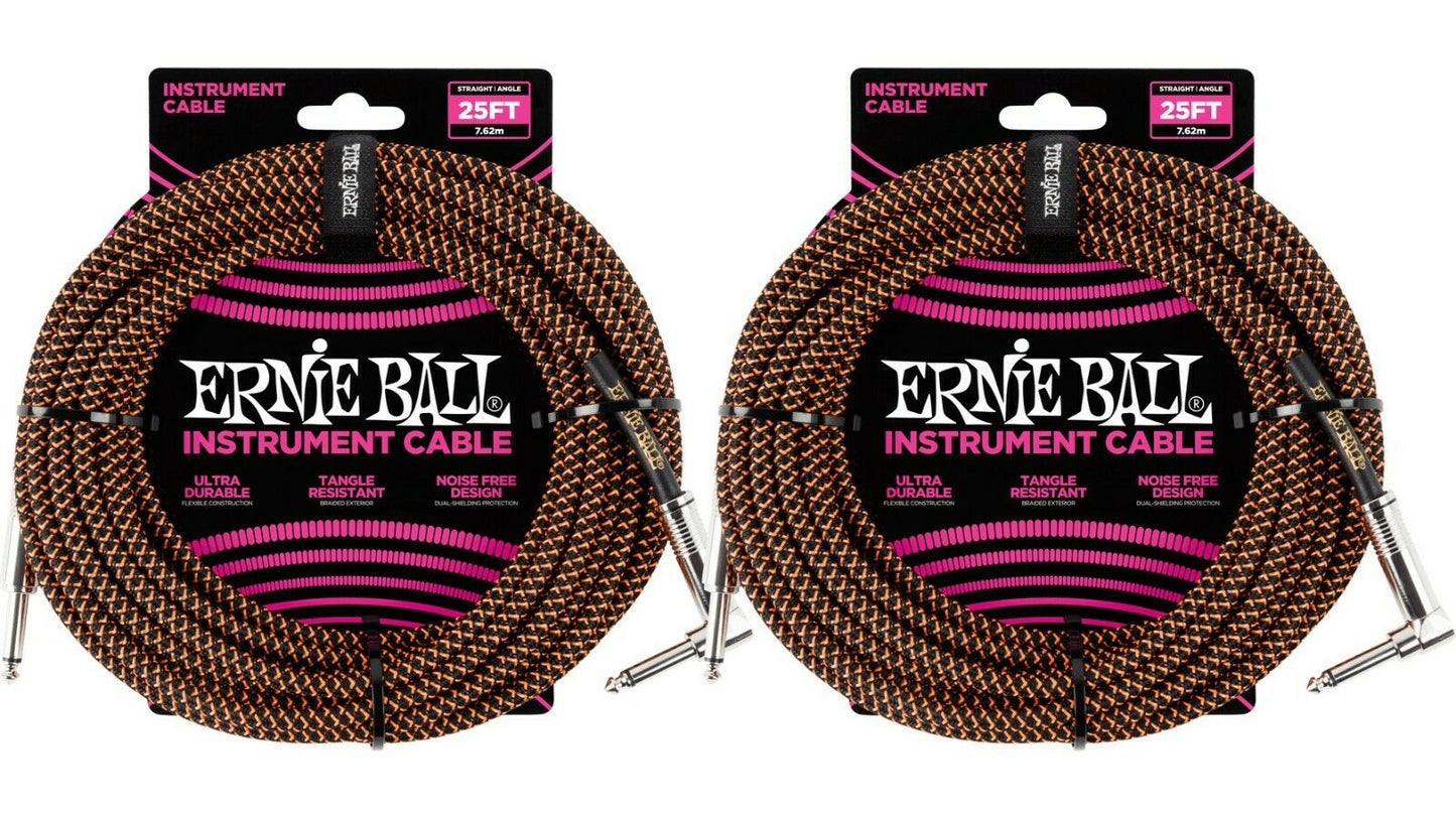 Ernie Ball 25ft Braided Straight Angle Inst Cable Black Orange 2 Pack