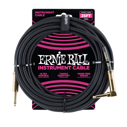 Ernie Ball 25ft Braided Straight Angle Inst Cable Black