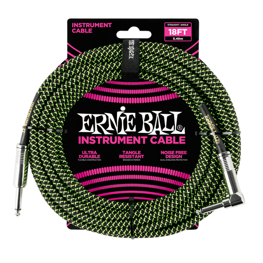 Ernie Ball 18ft Braided Straight Angle Inst Cable Blk/Grn