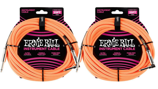 Ernie Ball 25ft Braided Straight Angle Inst Cable Neon Orange 2 Pack