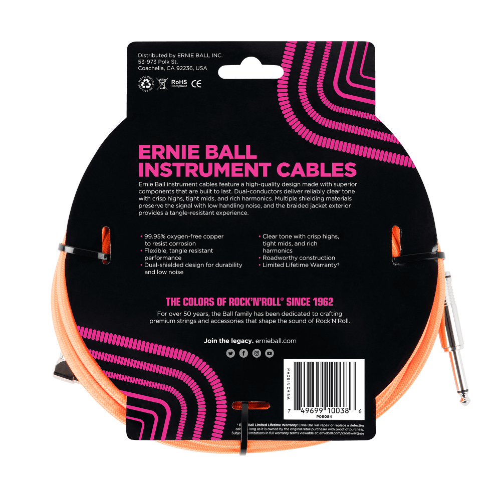 Ernie Ball 18ft Braided Straight Angle Inst Cable Neon Orange 2 Pack