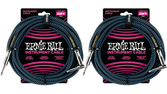 Ernie Ball 25ft Braided Straight Angle Inst Cable Black Blue 2 Pack