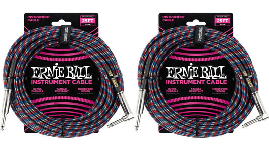 Ernie Ball 25ft Braided Straight Angle Inst Cable Black Red Blue White 2 Pack