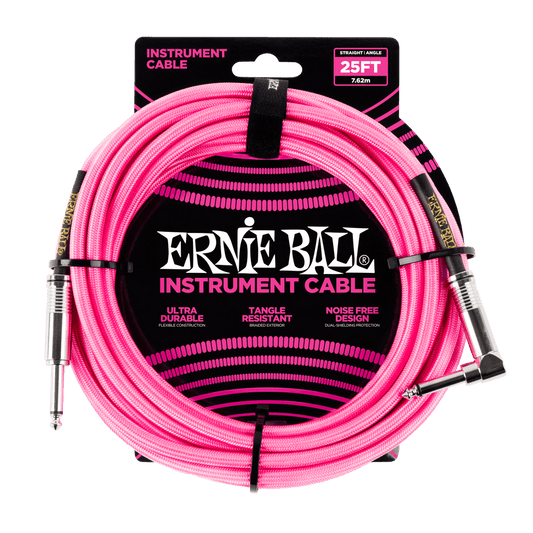 Ernie Ball 25ft Braided Straight Angle Inst Cable Neon Pink