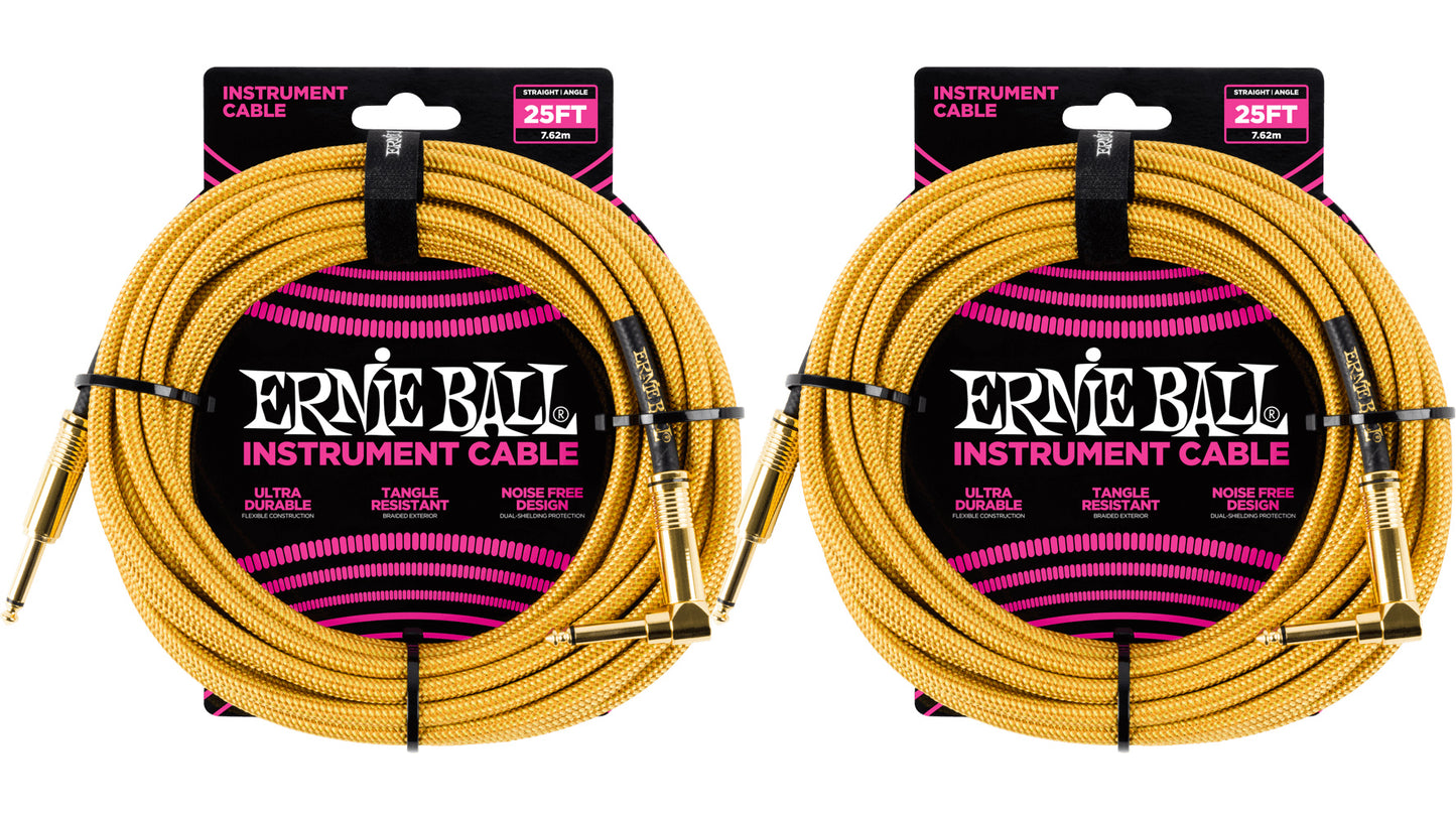 Ernie Ball 25ft Braided Straight Angle Inst Cable Gold Gold