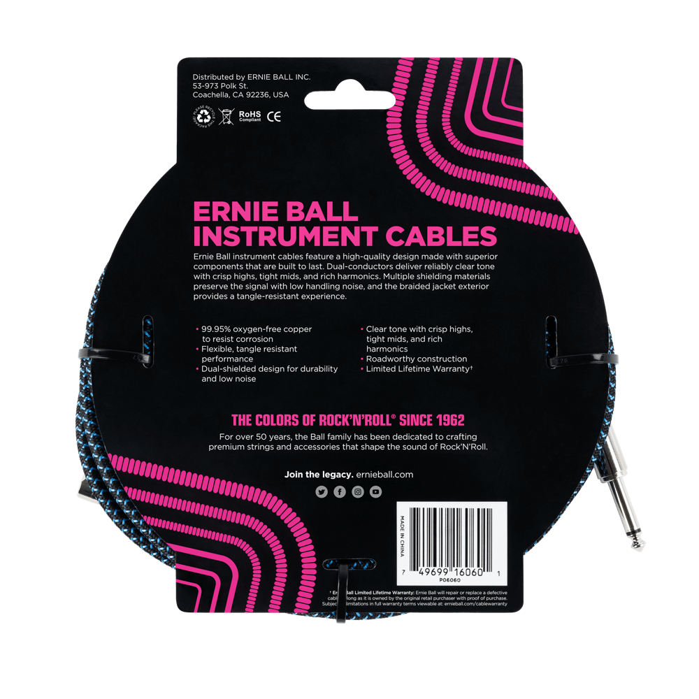 Ernie Ball 25ft Braided Straight Angle Inst Cable Black Blue