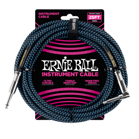 Ernie Ball 25ft Braided Straight Angle Inst Cable Black Blue