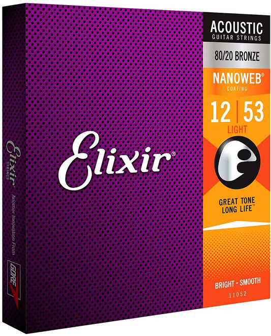 Elixir Strings 11052 Nanoweb 80/20 Acoustic Guitar Strings - .012-.053 Light