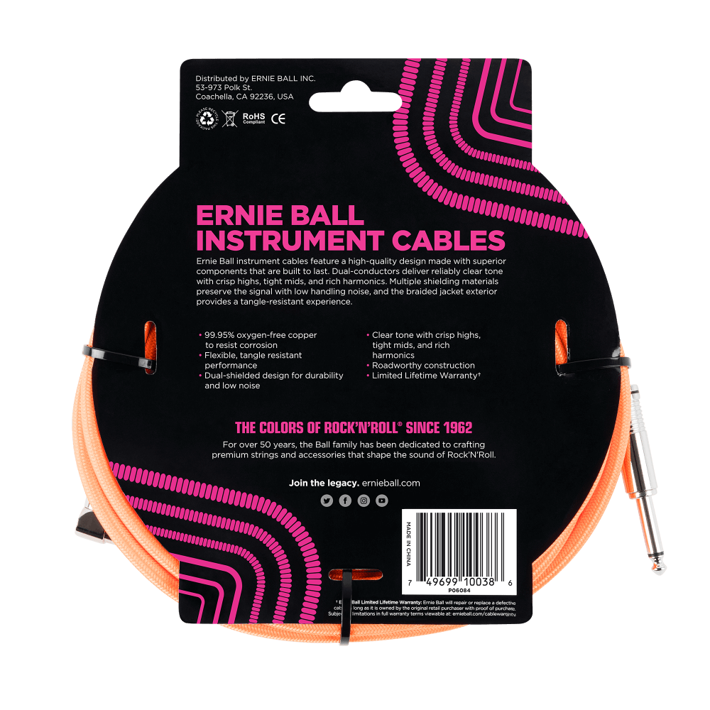 Ernie Ball 18ft Braided Straight Angle Inst Cable Neon Orange