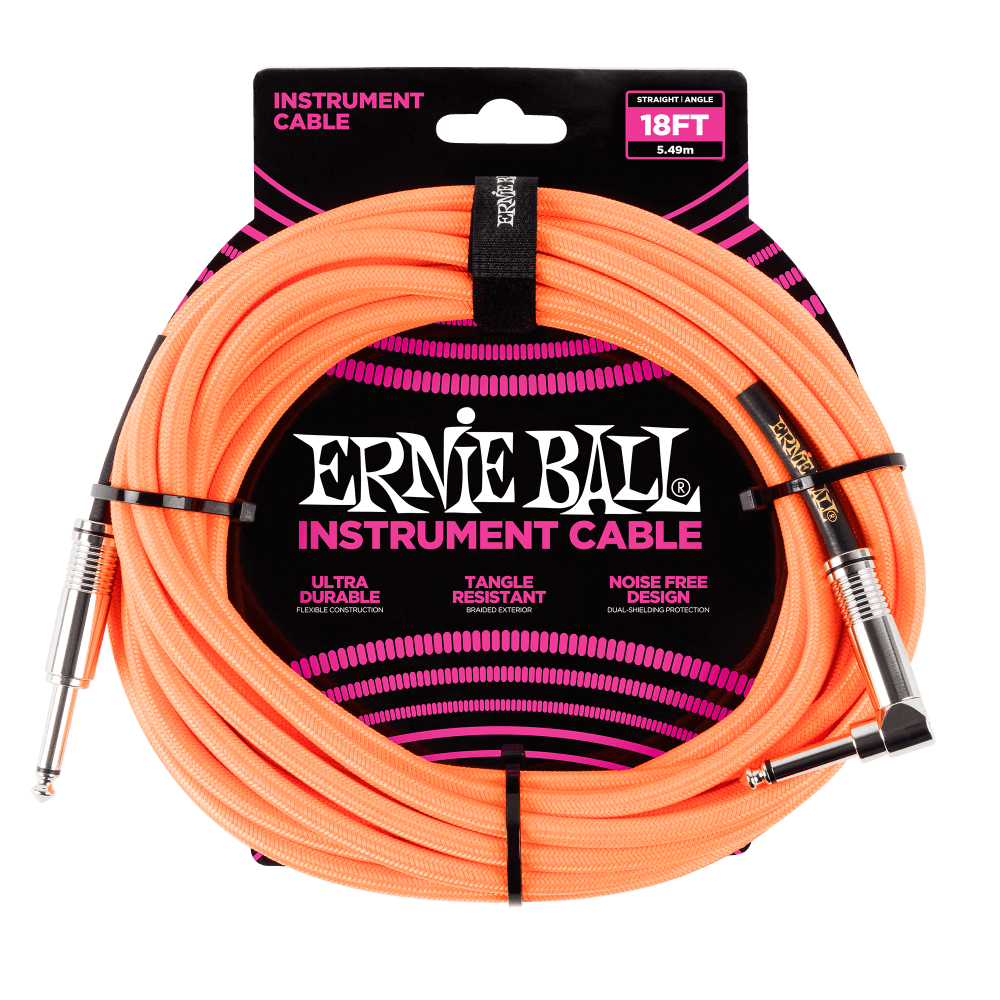 Ernie Ball 18ft Braided Straight Angle Inst Cable Neon Orange 2 Pack